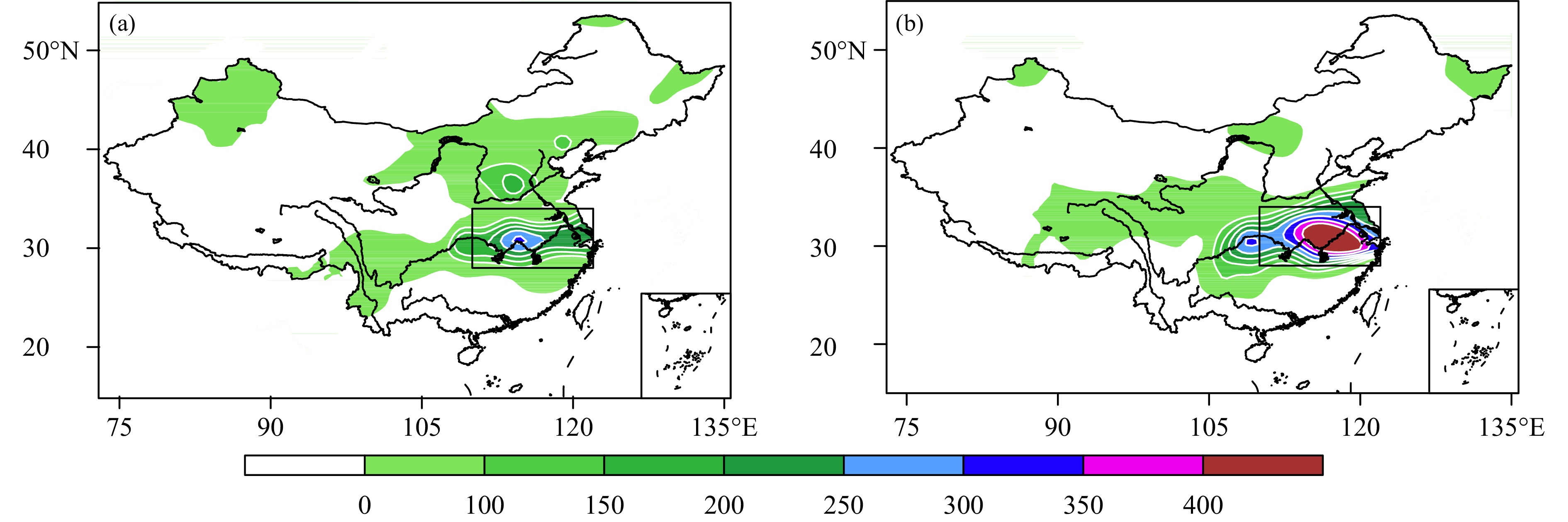 2016年（a） 和2020年（b） 夏季5—9月关键区区域平均降水序列的小波分析（打点区域表示通过95%信度的红噪声检验，网格区域受边缘效应的影响）