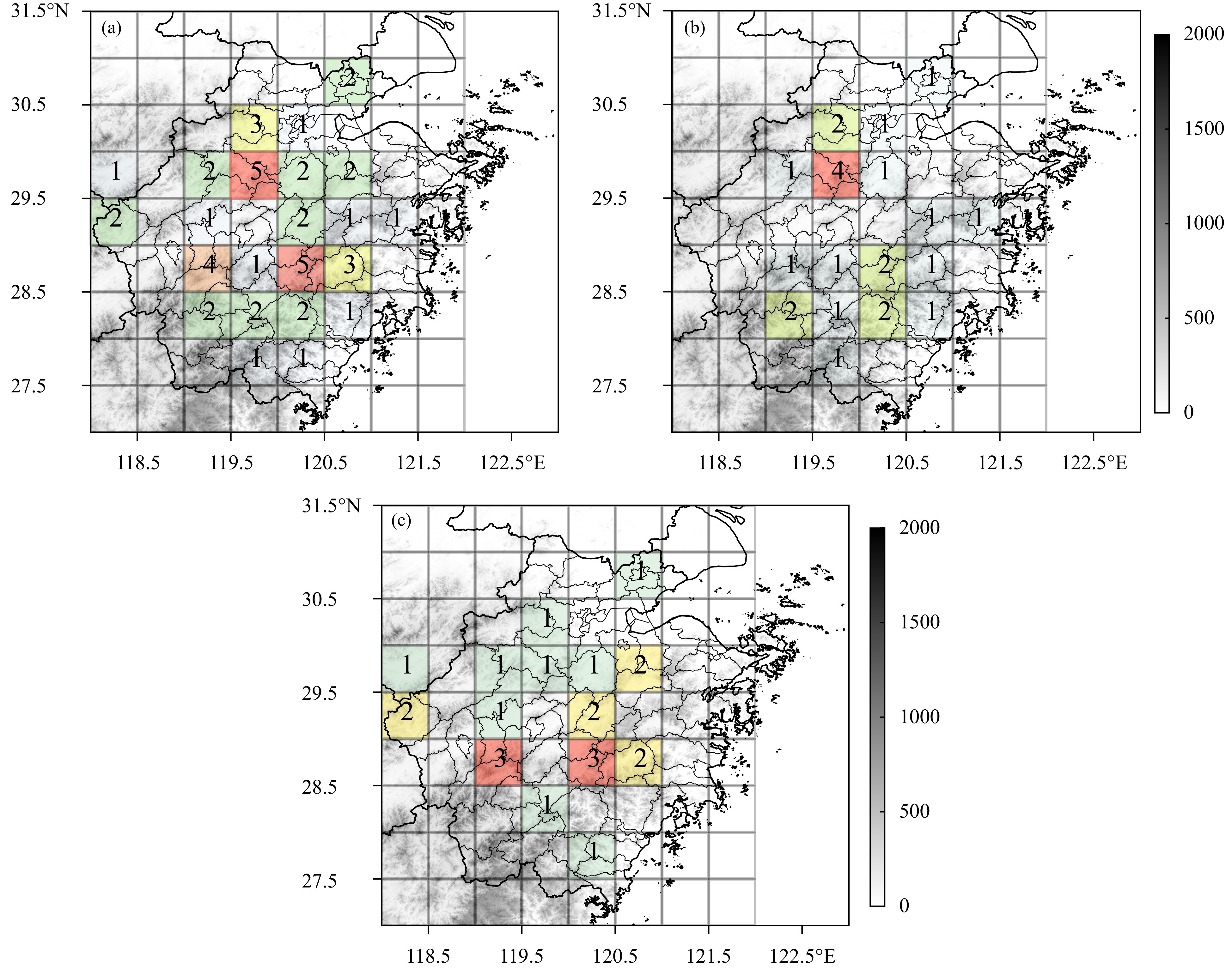 后向传播型MCS发生频数的空间分布（a. 所有MCS，b. 30 mm≤小时雨量＜50 mm的MCS，c. 小时雨量≥50  mm的MCS；灰阶表示地形高度（单位：m），数字表示频数，红色区表示频数较高的区域、橙色和黄色次之、绿色和无色表示频数较低区域）